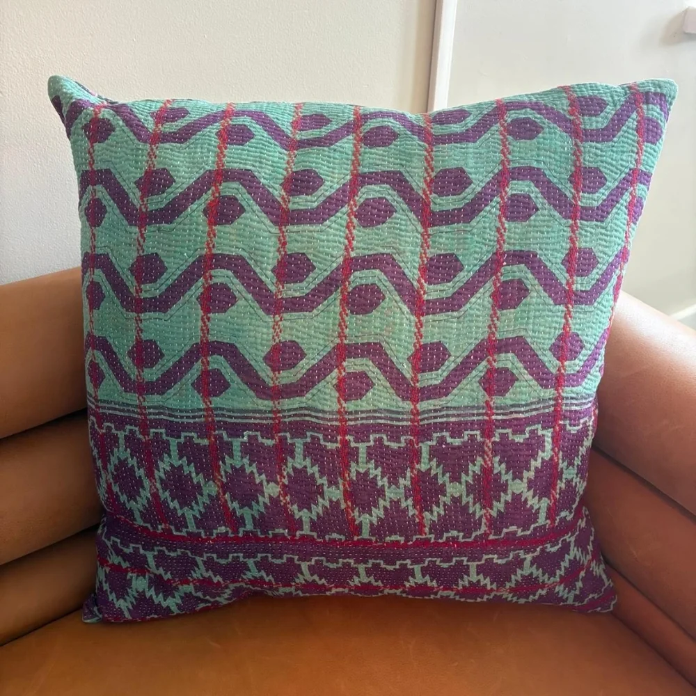 NWT Vintage One Of A Kind Sari Kantha Pillow-22in Purple/Turquoise